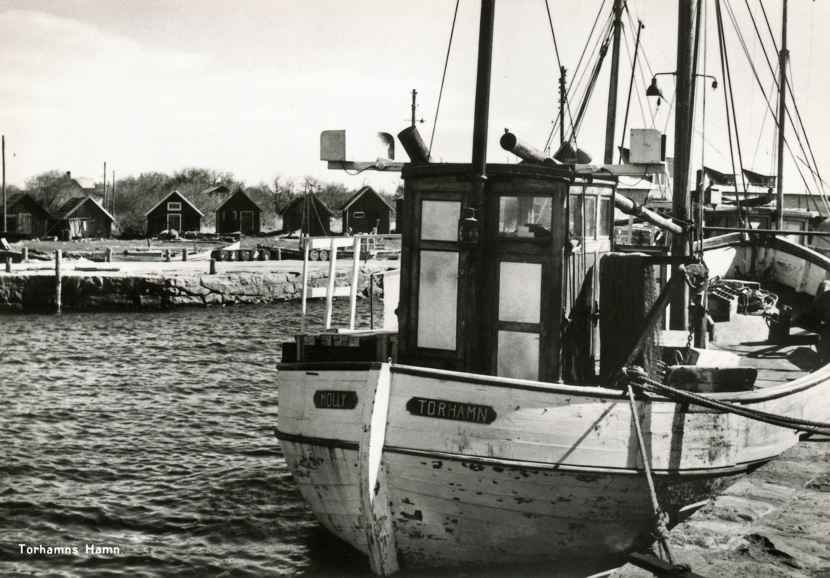 FiskebÃ¥ten Molly i Torhamns hamn. Kortet Ã¤gs av Sven Ekelin.


